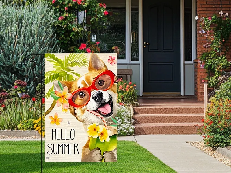  Hello Summer Garden Flag Corgi Dog