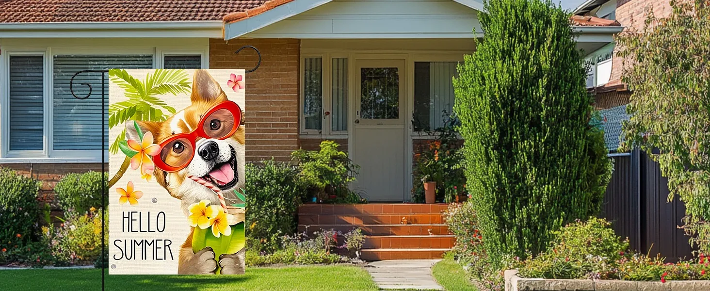  Hello Summer Garden Flag Corgi Dog